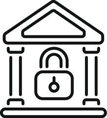 Simple line art icon of a bank building with a lock, representing financial security and protection