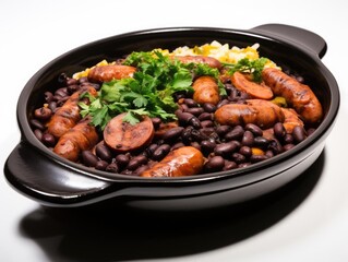 A delicious dish featuring black beans, sausage slices, and fresh herbs, perfect for a hearty meal or food photography.