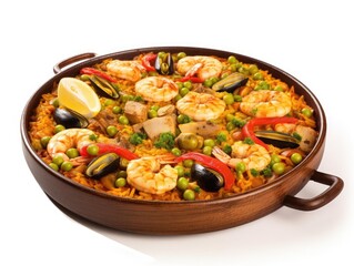A vibrant seafood paella featuring shrimp, mussels, and vegetables, beautifully garnished with lemon in a rustic wooden dish.