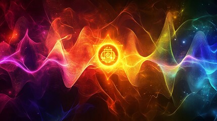 Obraz premium A vibrant depiction of sound waves forming patterns around a central meditation symbol, representing the alignment of chakras through cosmic frequencies