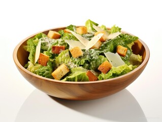 A fresh and vibrant salad featuring crisp romaine lettuce, creamy dressing, croutons, and shaved parmesan in a brown bowl.