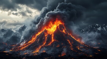 A dramatic volcanic landscape with flowing lava and smoke rising