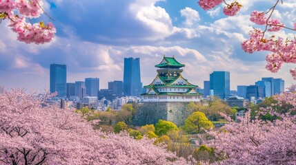 Fototapeta premium Spring Osaka skyline at castle and park.