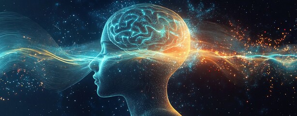 An abstract design of sound waves connecting the brain to a cosmic environment, symbolizing the influence of subconscious treatment music