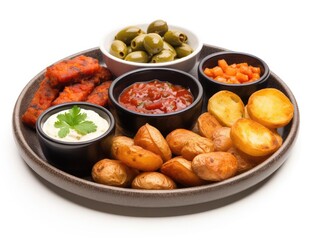 A delicious platter featuring savory potatoes, dips, olives, and flavorful snacks, perfect for sharing at gatherings.