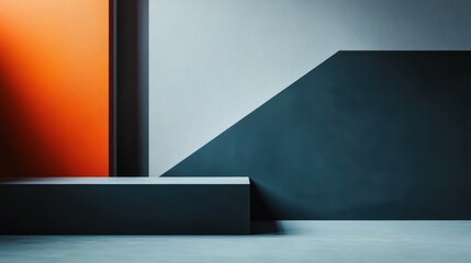Modern architectural interior with bold geometric shapes, featuring striking orange and gray walls. Minimalist and contemporary design.