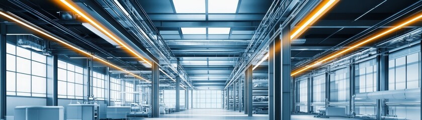 Modern industrial warehouse with high ceilings and ample lighting featuring clean, spacious, and organized structure for storage and manufacturing.