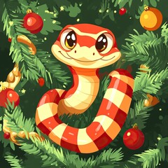 Fototapeta premium Cheerful Christmas Cute Snakes in Santa Hats and Holiday Decor, Bringing Festive Smiles and Joy. AI generated image