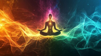 An abstract design of sound waves radiating from a central meditation figure, representing the alignment of chakras through frequency music