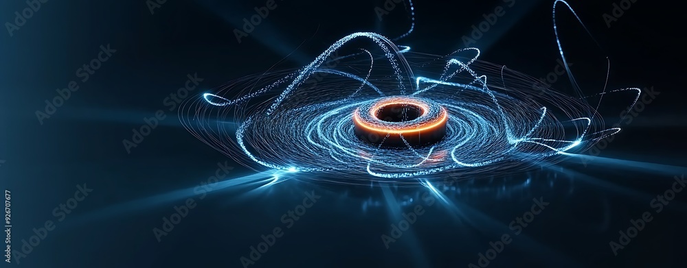 Poster close-up of a glowing magnet surrounded by metallic filings, creating intricate patterns in a spiral