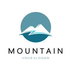 Minimalist mountain and sun logo design in flat colors packed with modern concepts vector illustration