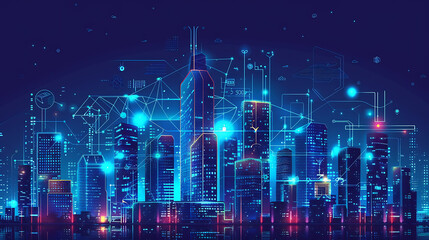 Fototapeta premium Smart city on a dark blue background, featuring intelligent infrastructure and connected buildings. This futuristic cityscape showcases IoT, 5G and AI integration. 