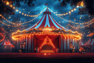 The circus illuminated and decorated with garlands of light bulbs, at night