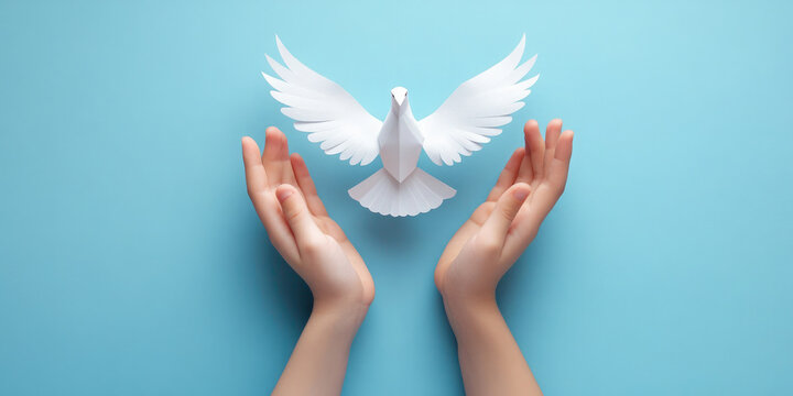 Child releasing a white dove against a blue backdrop symbolizes peace and hope, conveying unity and compassion for a peaceful future. Perfect for international day of peace. Banner. Copy space