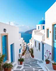 Fototapeta premium A picturesque view of Santorini's iconic whitewashed buildings with vibrant blue domes, set against the stunning backdrop of the Aegean Sea under a clear, sunny sky.