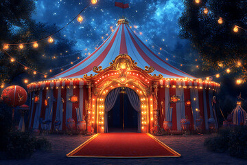 Big Circus red and yellow tent with magical illumination at night