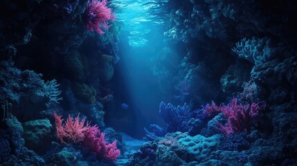 Obraz premium An underwater cave filled with vibrant coral and sea plants, bathed in deep blue light.