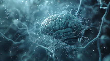 Field of neurology, visualization of the brain. Workings of the human mind concept, emphasizing the complexity and wonder of cognitive science and neurological health.
