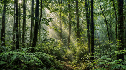 Fototapeta premium Sunlit Serenity: Rays Through the Verdant Forest Canopy