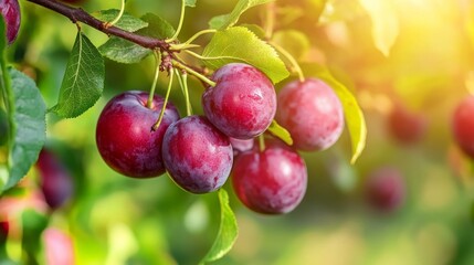 Ripe plums on a tree with leaves.