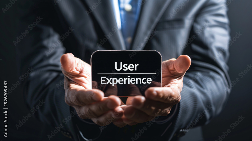Aufkleber Businessman displaying user experience text on smartphone against a dark background