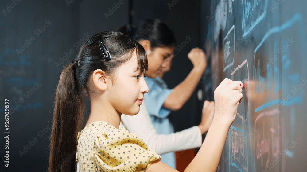 Poster multicultural smart student writing engineering code with site view. diverse children planning creat