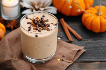 Creamy Pumpkin Smoothie With Chocolate Chips and Cinnamon on Wooden Table