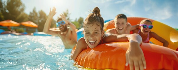 Family enjoying a thrilling ride on a water slide with inflatable tubes.