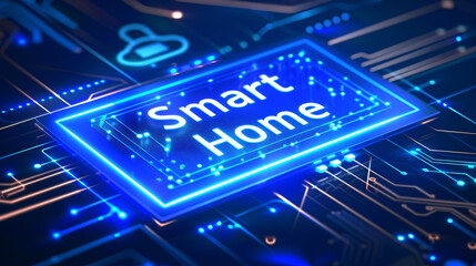 Blue glowing circuit board with smart home text, representing the future of technology and home automation