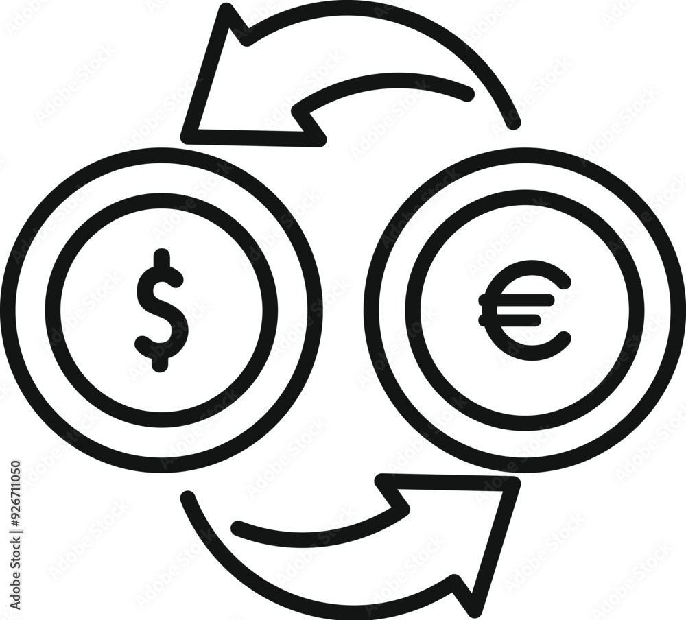 Poster simple line art icon of a currency exchange concept with arrows converting dollars to euros