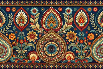 Digital textile design motif with geometrical border and ethnic style decoration with botanical flowers and ornaments
