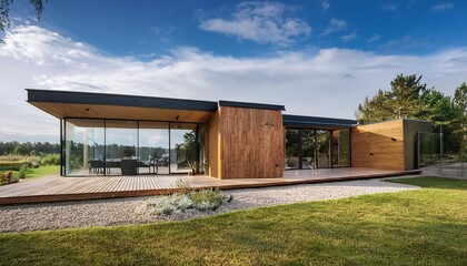 Fototapeta premium Modern Prefab ADU with Large Glass Windows and Wood Exterior