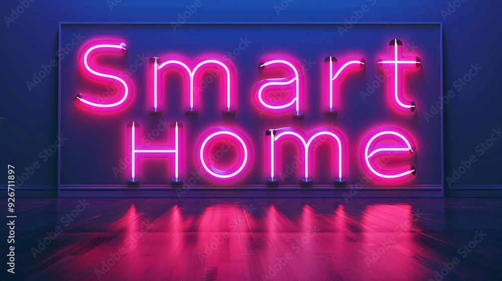 Poster neon smart home sign glowing on a wall in an empty room with reflections on the floor