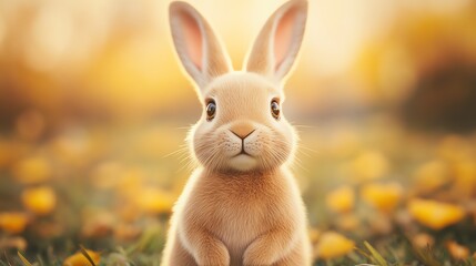 Fototapeta premium Adorable brown bunny rabbit sitting in a field of wildflowers, looking at the camera with curious eyes.