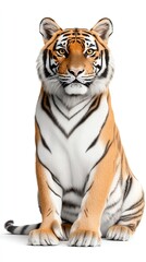 Obraz premium A majestic tiger sits in a studio, looking directly at the camera.