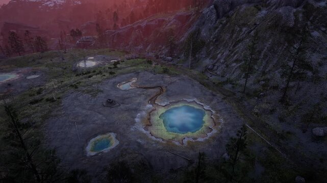 3D. USA. Wyoming. Hot Springs. Yellowstone National Park. Doublet Pool. Sunset