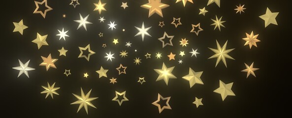 Banner with golden decoration. Festive border with falling glitter dust and stars.
