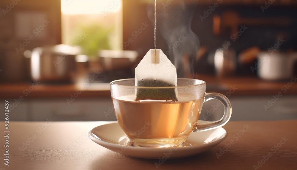 Wall mural teabag being dipped in a cup filled with hot steaming water in a kitchen