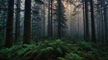 Obraz premium Whispering Pines: A Misty Morning Among Towering Trees and Lush Ferns