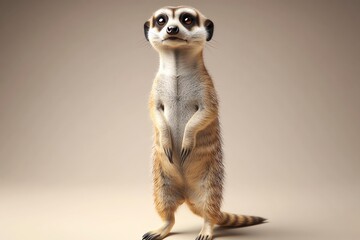 Curious meerkat standing on its hind legs, looking directly at the camera.