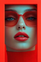 Obraz premium Woman wearing red glasses and a red turtleneck, creative portrait
