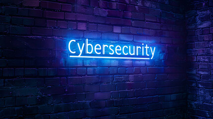 Fototapeta premium Glowing blue neon sign on a dark brick wall symbolizes cybersecurity, conveying protection and privacy in the digital world