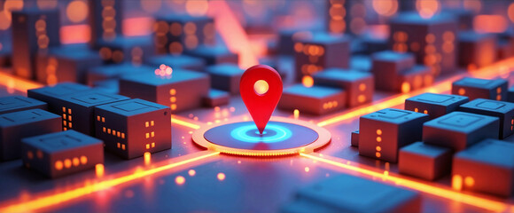 Futuristic Red Digital Marker Illustration: Locating Accurately in a 3D Neon Illuminated Metropolis.