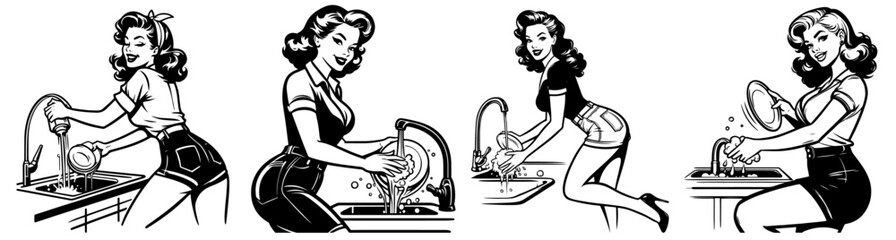 beauty pin-up girl illustration, adorable beautiful pinup woman, model, comic book character, black shape silhouette vector decoration, washing of dishes, cleaning