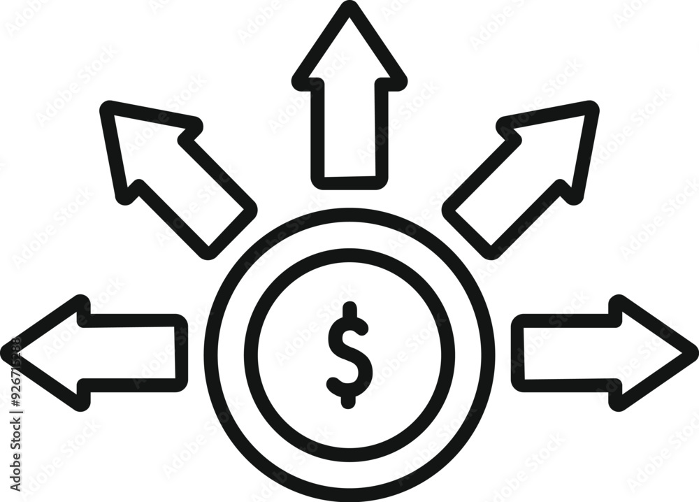 Poster linear icon of money distribution with arrows pointing in different directions representing financia