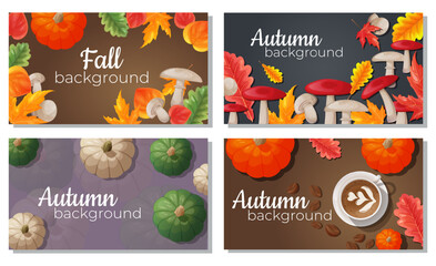 Set of cozy autumn background with pumpkin. Design of background with hot coffee. Background with scattered leaves and mushrooms