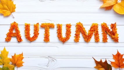 word autumn is made of autumn maple leaves on a light wooden background.