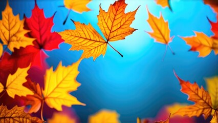 Obraz premium Autumn leaves on red and blue blurred background. Autumn background.