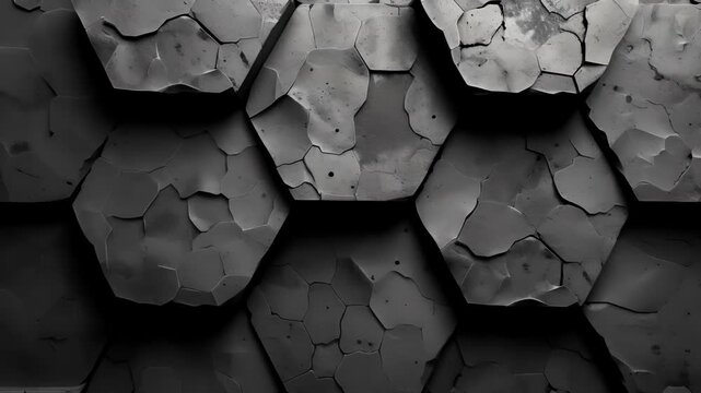 Video of close-up view of cracked, dark hexagonal tiles, textured and abstract pattern. decay and industrial aesthetic, imperfection and roughness of material surface