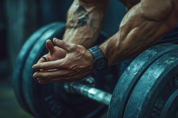 Obraz premium Strength in focus with weights before an intense workout in a dimly lit gym